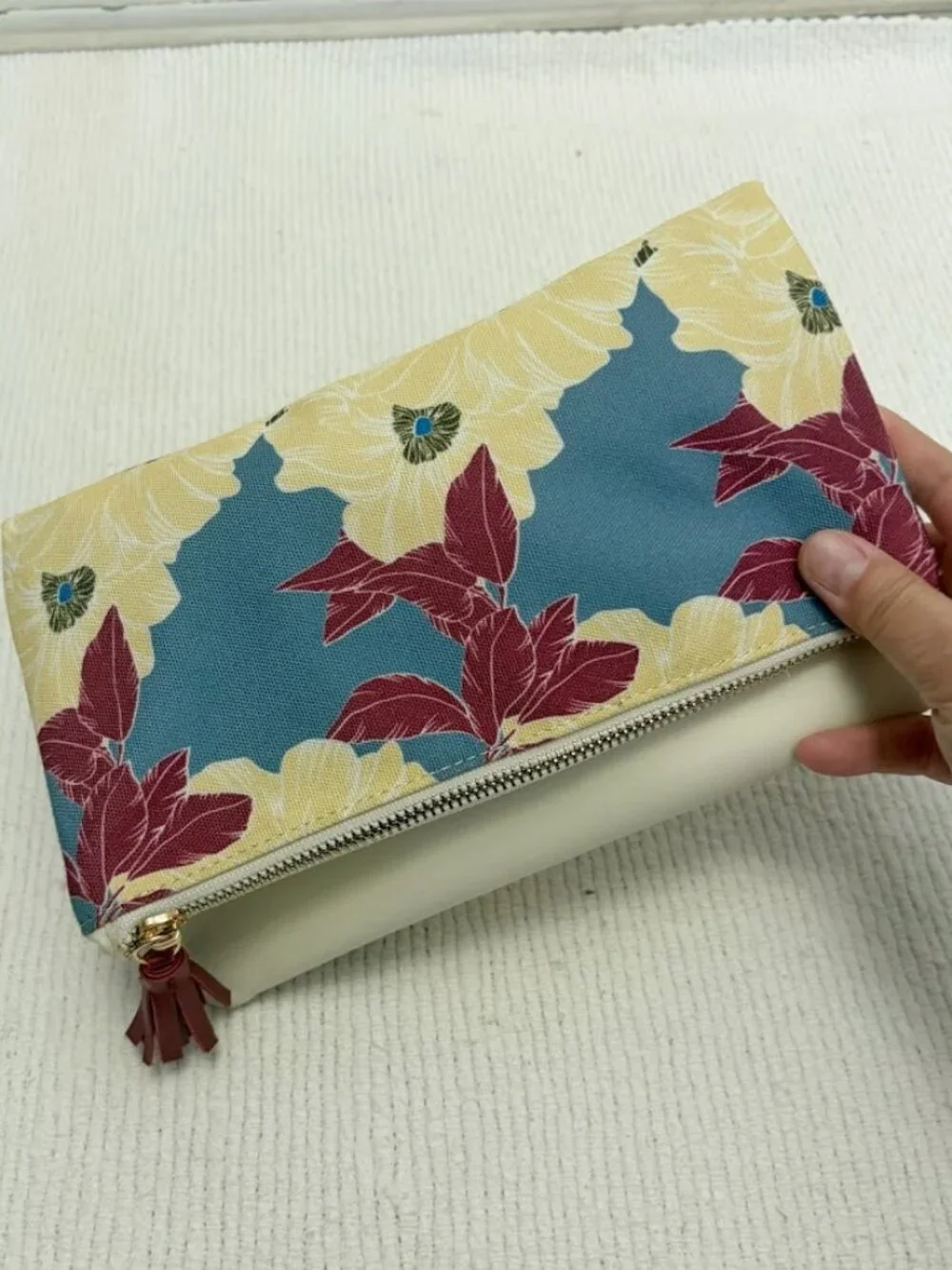 Rachel Pally Floral Print Fold Over Canvas Vegan Leather Tassel Clutch Purse